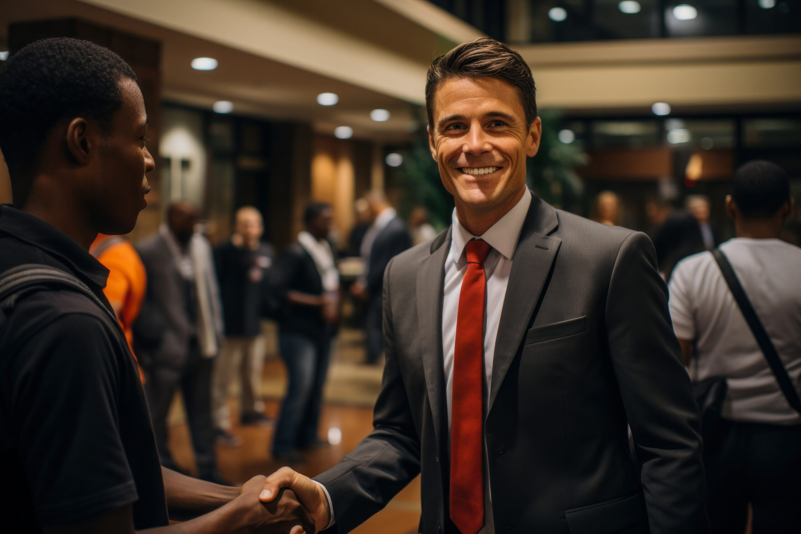 party candidate meets with his constituent in a hotel lobby after a debate with competitors for office, local government elections, the importance of democratic institutions in a country and elections